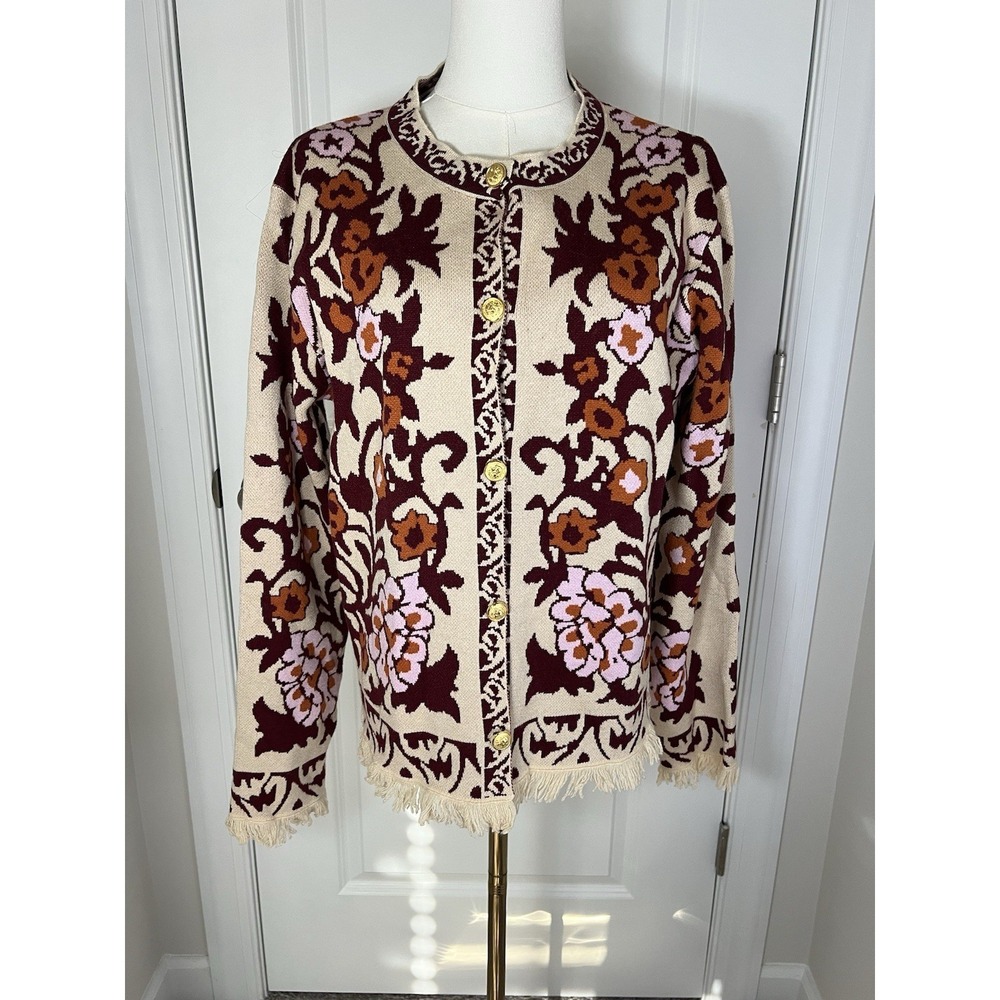 Women's Vintage Inspired Floral Open Front Cardigan Gold Button Small Fringe Hem